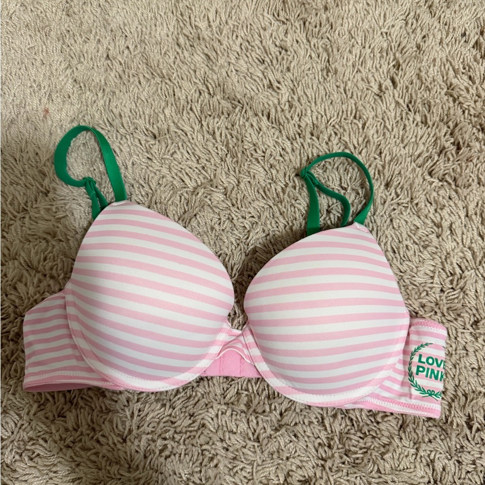 PINK Victoria's Secret Pink and White Striped T-Shirt Bra with Green Straps